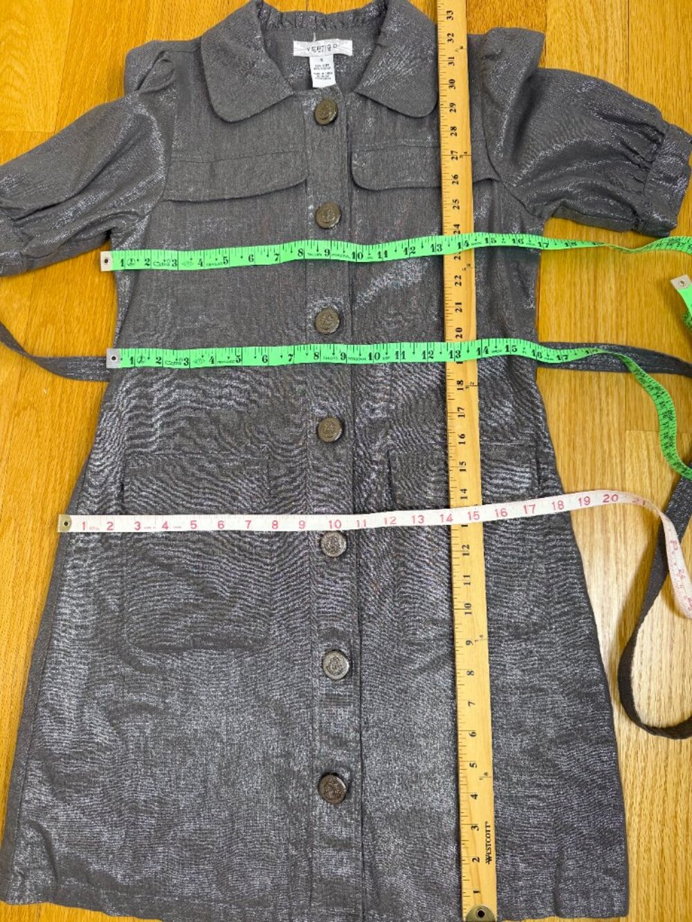 Vertigo Paris Linen Shirt Dress Silver Metallic Short Sleeve (S) - Picture 7 of 7